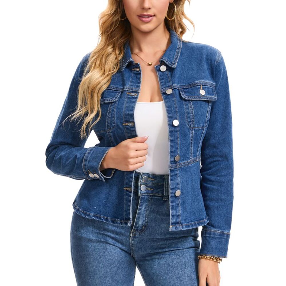 Women's Denim Jacket Collared Long Sleeve Casual Peplum Jean Jackets Blue